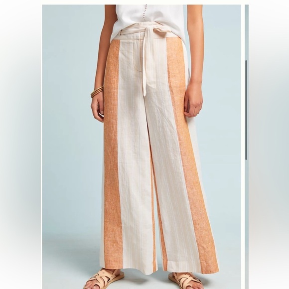 Anthropologie Pants - Ett:twa by Anthropologie orange stripe tie waist zip close 100% linen pants
